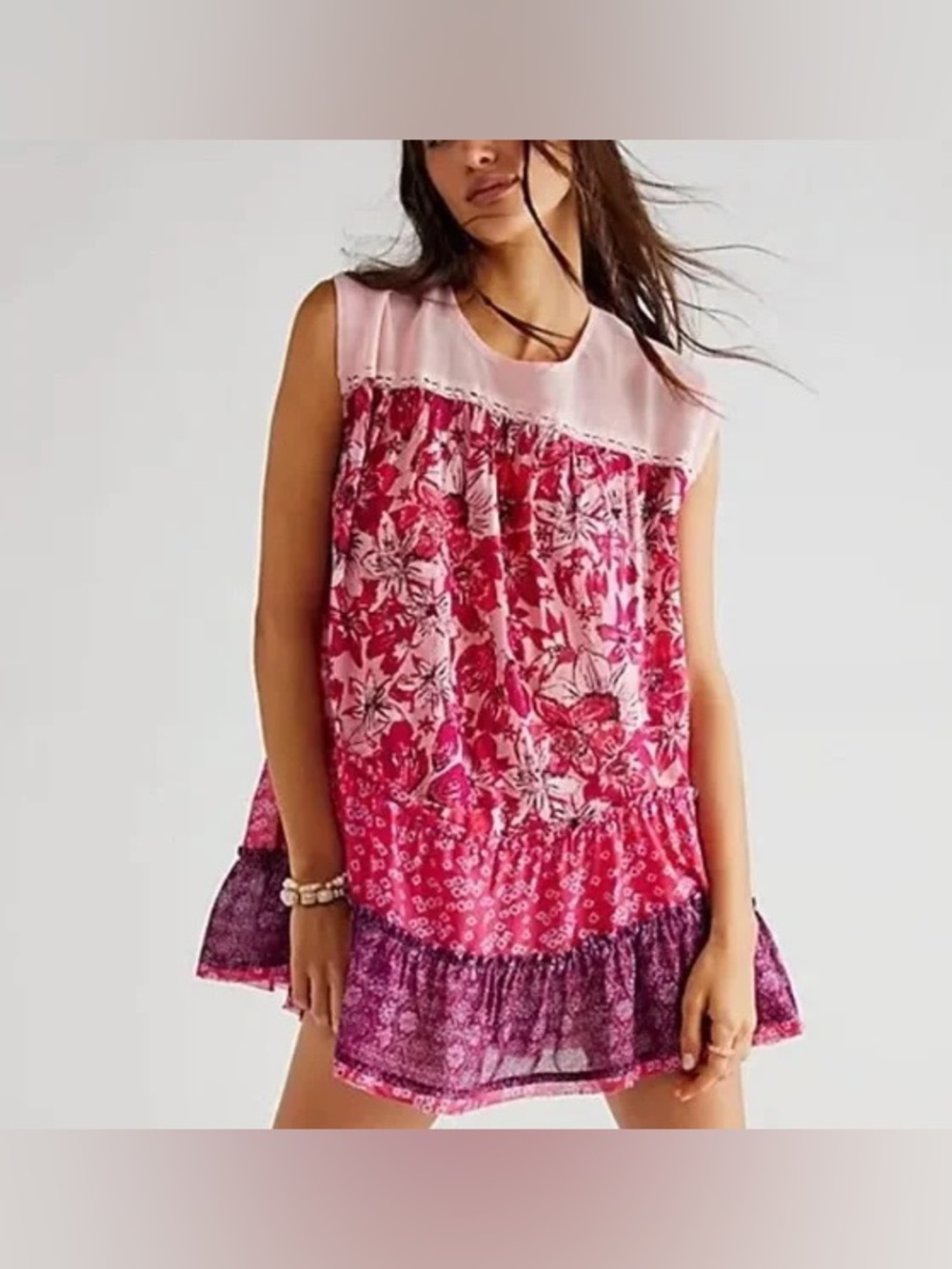 Free People Angelica Printed Tunic Mesh Top Pink Floral Blouse Sleeveless XS/TP